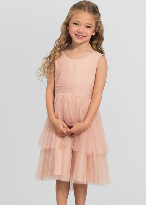 Pleated Tulle Tea Length Tiered Skirt Flower Girl Dress
